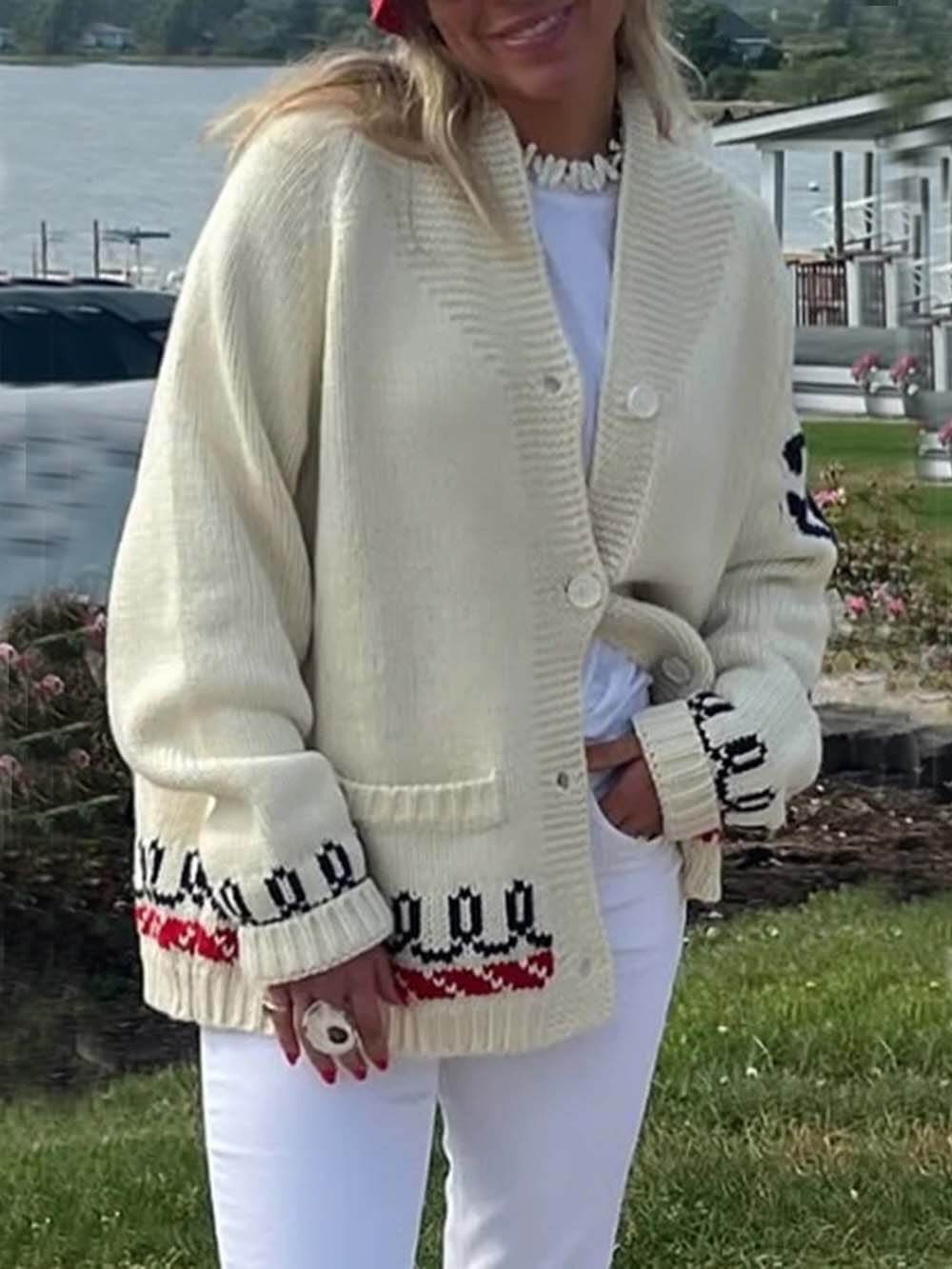 Unieke Mode Kreeftenprint Casual Lange Mouw Brei Cardigan