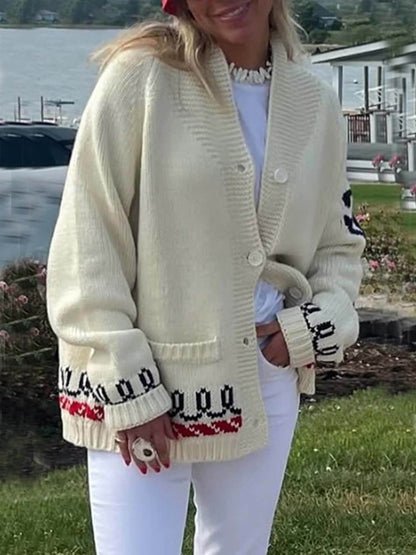 Unieke Mode Kreeftenprint Casual Lange Mouw Brei Cardigan