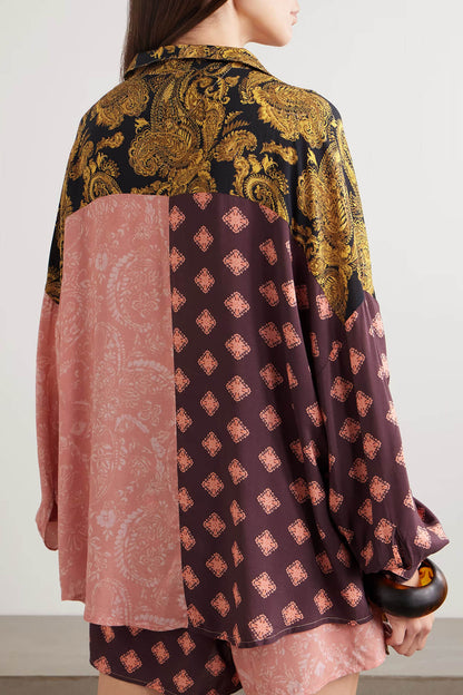 Exquise Twee-Tone Gedrukte Losse Shirt En Zakjes Elastische Taille Shorts Set
