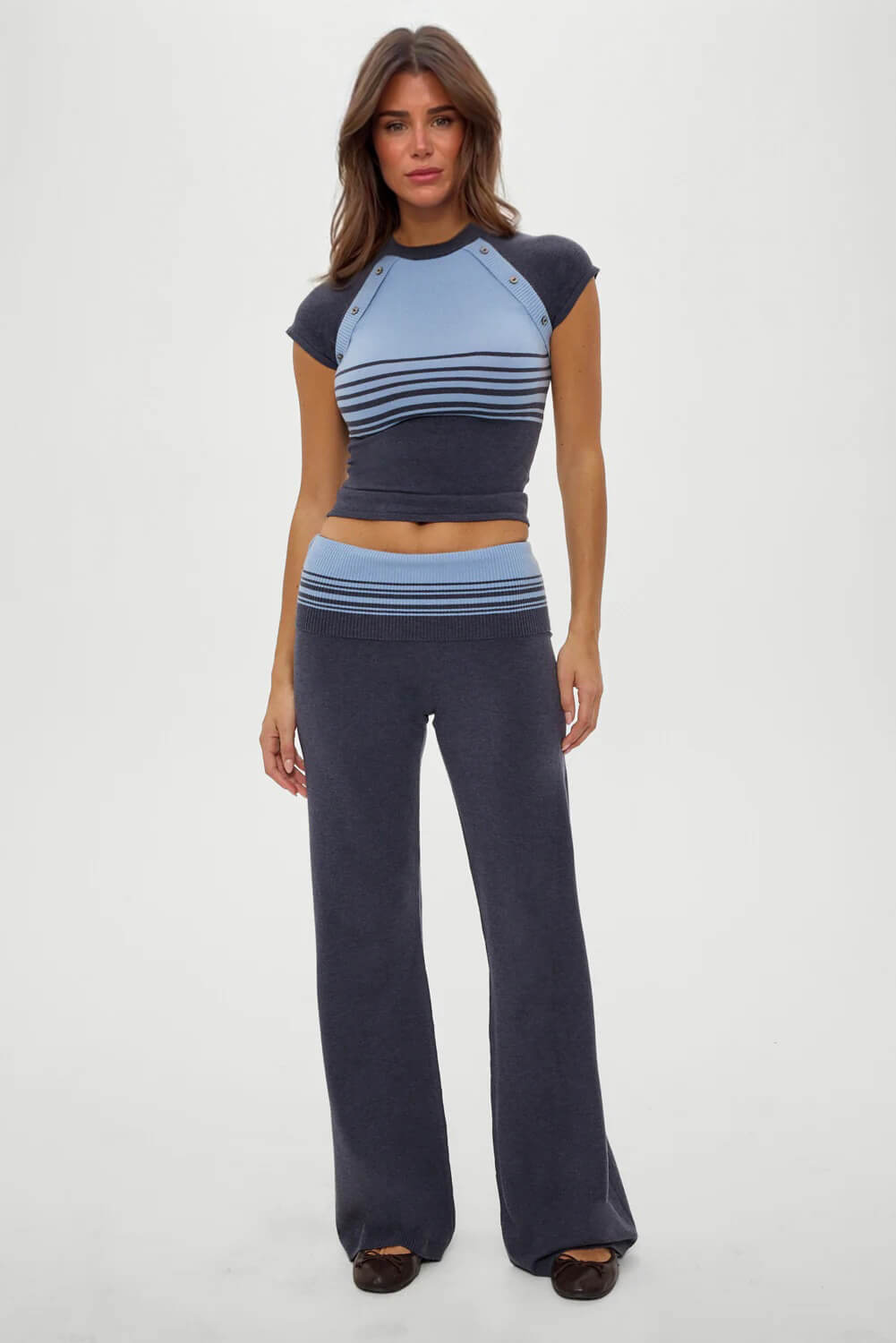 Retro Gestreepte Knopen-Knit Shirt En Lage Taille Knit Broek Set