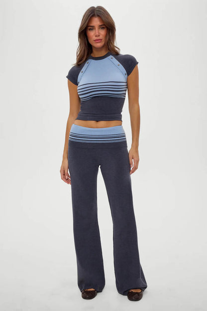 Retro Gestreepte Knopen-Knit Shirt En Lage Taille Knit Broek Set