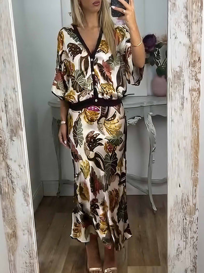 Retro Jungle Palm Leaf Satin Print Twee-delige Set