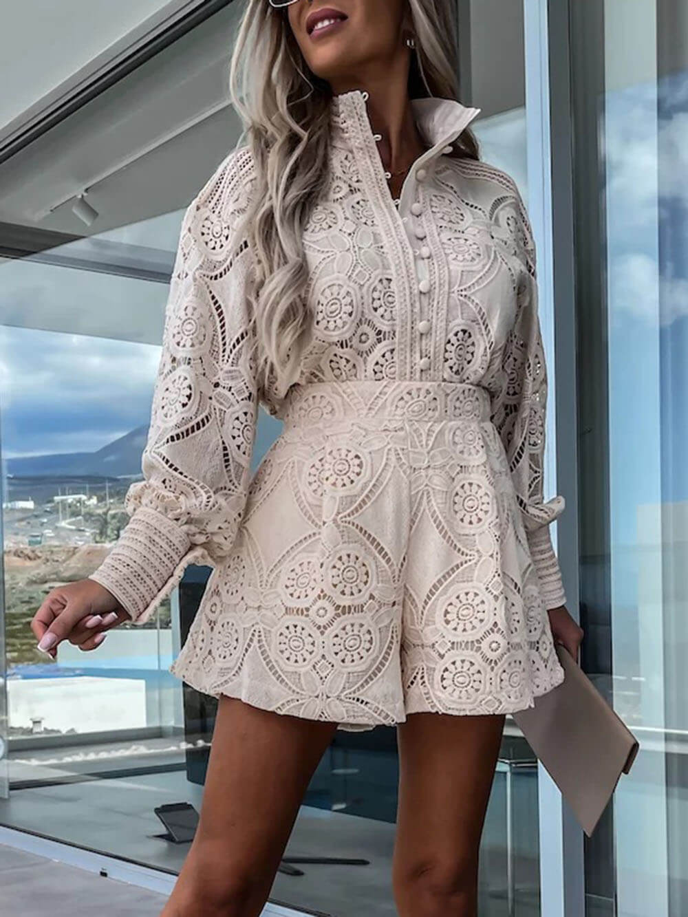 Casual Style Uniek Enkele Borst Staande Kraag Kant Korte Pak