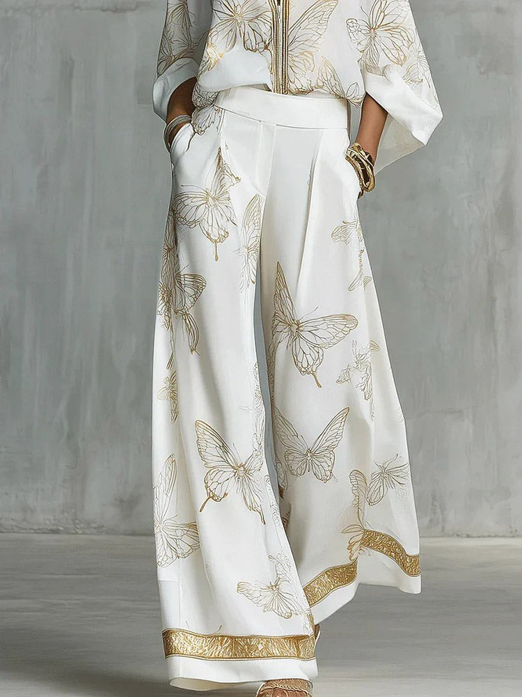 Elegante Vlinderprint Zip-Up Top & Wijde Pantalon Set