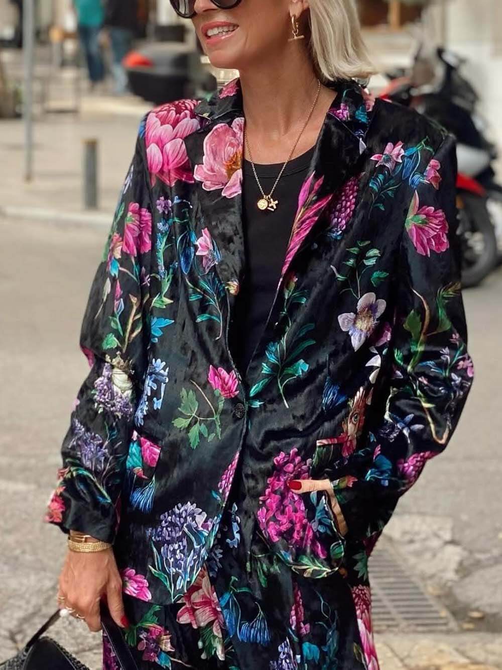 Retro Bloemenprint Blazer & Hoge Taille Wijde Pantalon Set