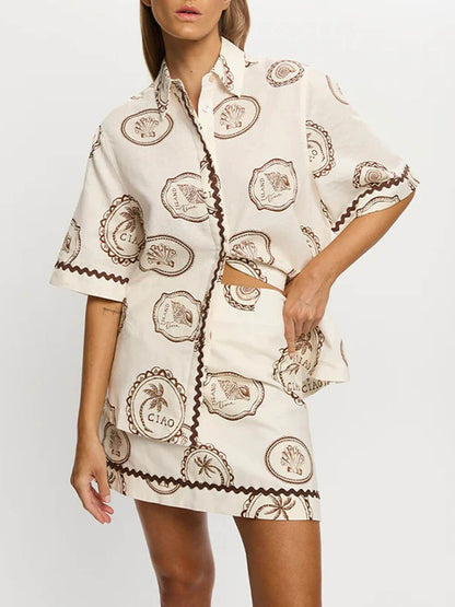 Elegante Vetersluiting Linnen Schelpprint Korte Mouwen Shirt En Rok Set