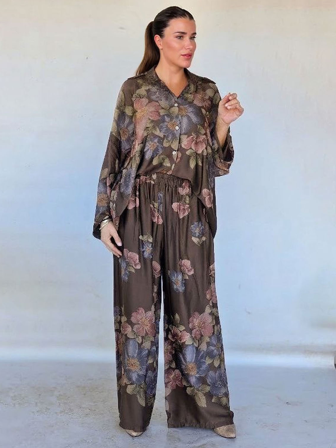 Retro Bloemenprint Overhemd met Kraag & Elastische Taille Wijde Broek Twee-Delige Set