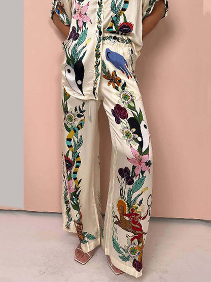 Moderne Verfijnde Gevoel Satijn Unieke Print Oversized Blouse Elastische Taille Ge pockette Wijde Pantalon Set