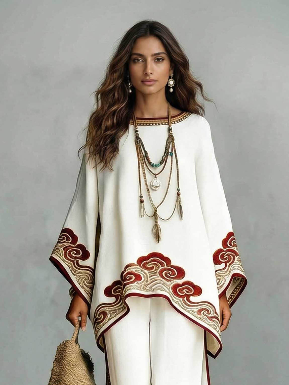Elegante Satijnen Cloud Print Losse Kaftan Top & Broek Twee-Piece Set