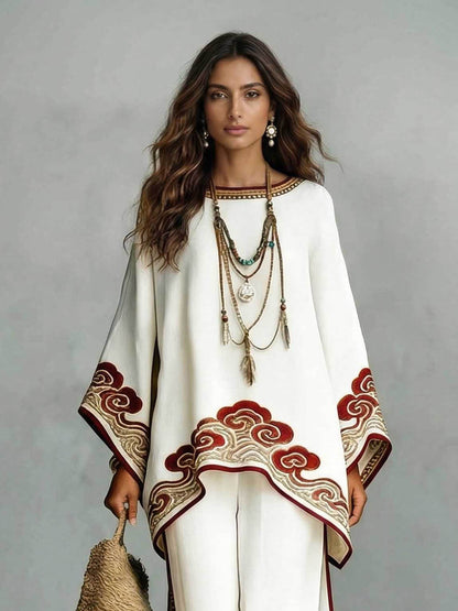 Elegante Satijnen Cloud Print Losse Kaftan Top & Broek Twee-Piece Set