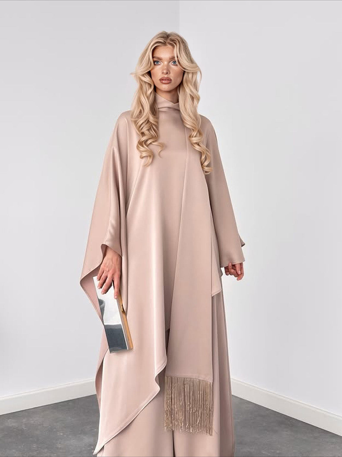 Elegante Hoge Hals Drapé Top En Wijde Broek Set