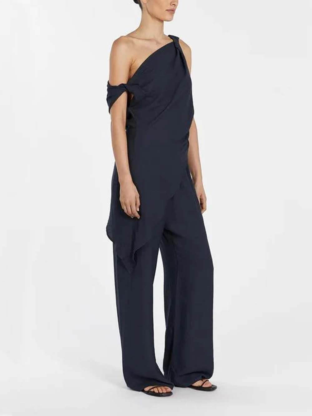Casual Asymmetrische Twist Detail Top Linnenmix Broek Set