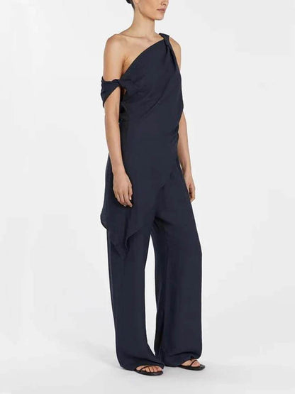 Casual Asymmetrische Twist Detail Top Linnenmix Broek Set