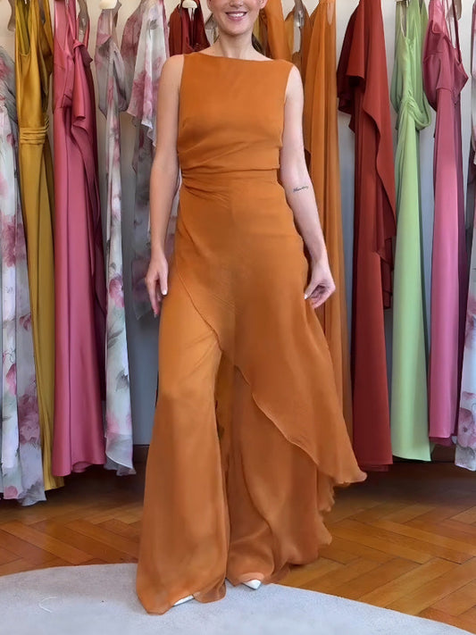 Elegante Mouwloze Asymmetrische Top En Brede Pantalon Twee-Piece Set