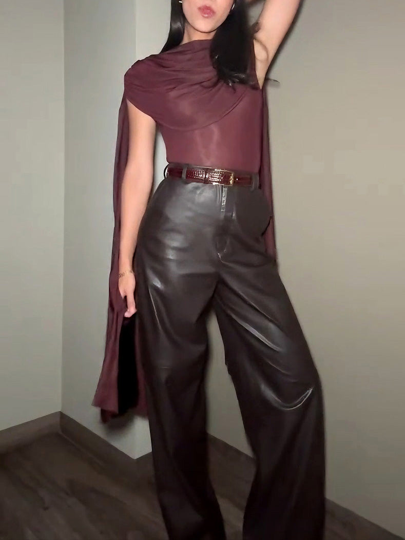 Elegante Drapé Top En Wijde Nep Leer Broek Twee-delige Set