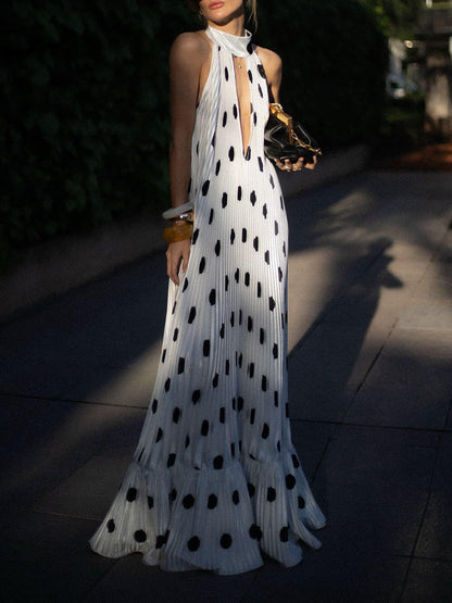Elegante Polka Dot Rugloze Halter Avondjurk Maxi Jurk