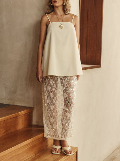 Elegante Off-Shoulder Spaghetti Strap A-Lijn Top & Transparante Pailletten Kant Hoge Taille Maxi Rok Set