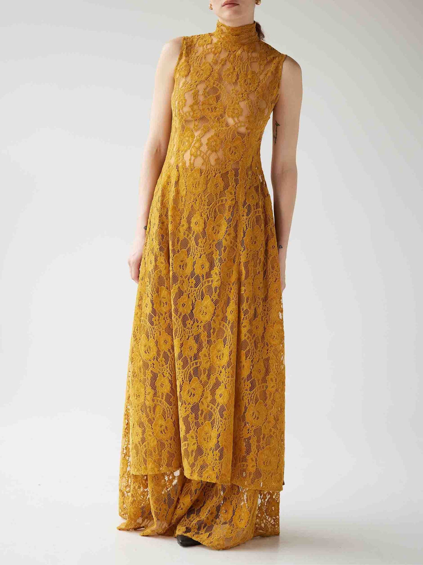Elegante Hoge Hals Kanten Split Lange Top Twee-delige Set