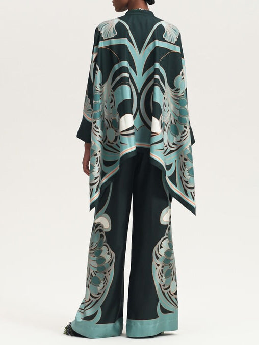 Elegante Abstracte Print Satijnen Blouse & Wijde Pantalon Set