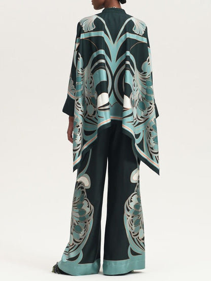 Elegante Abstracte Print Satijnen Blouse & Wijde Pantalon Set