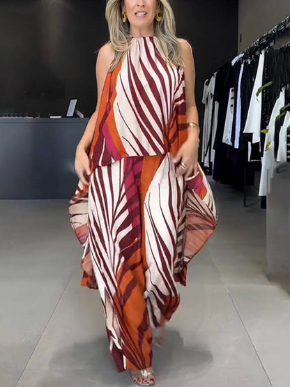Modieuze Unieke Positionering Print Lange Mouwloze Top Brede Pantalon Set