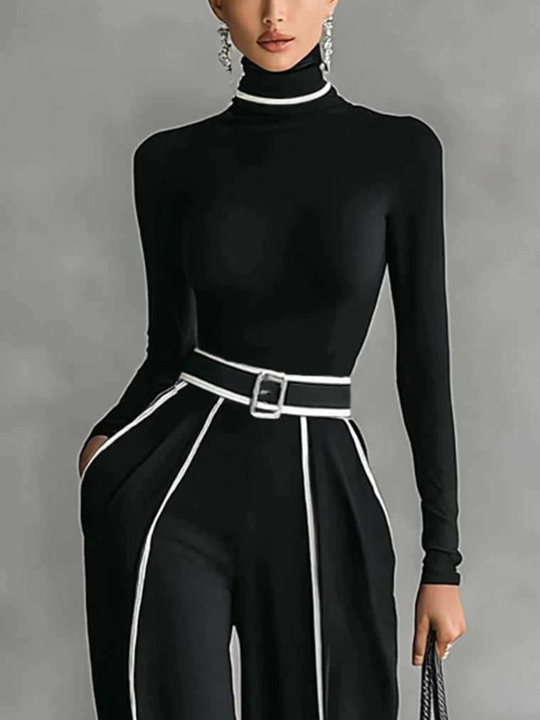 Elegante Hoge Hals Slim Fit Lange Mouw Top Twee-Delige Set
