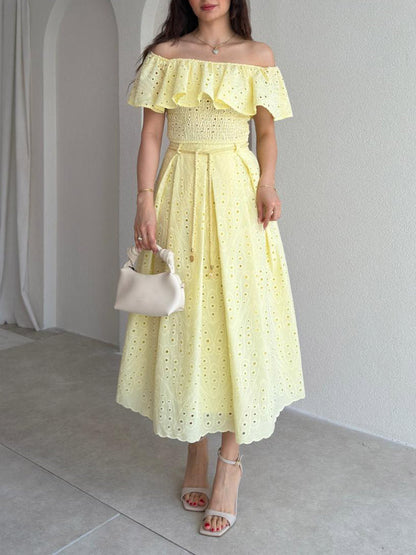 Exquise Uitgesneden Borduursel Off-Shoulder Ruffle Twee-Piece Crop Set