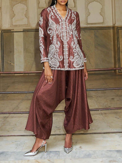 Uniek Paisley Patroon V-Hals Losse Top En Geplooide Harem Wijde Pantalon Set