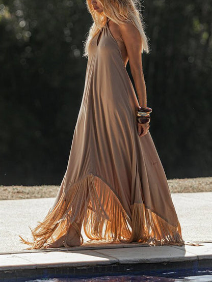 Elegante Halter Maxi Jurk met Ongelijke Tassels