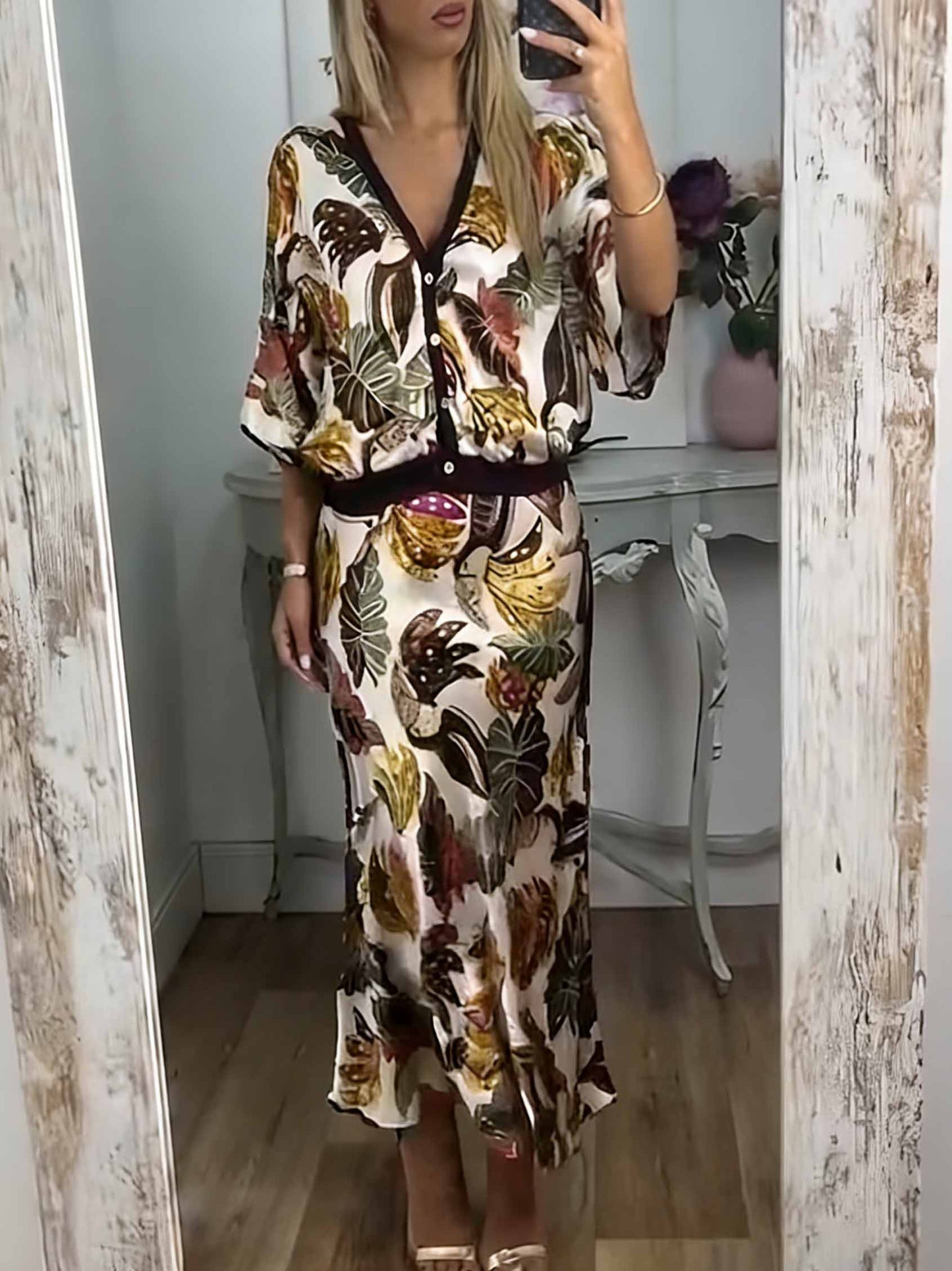 Retro Jungle Palm Leaf Satijnen Print Rok