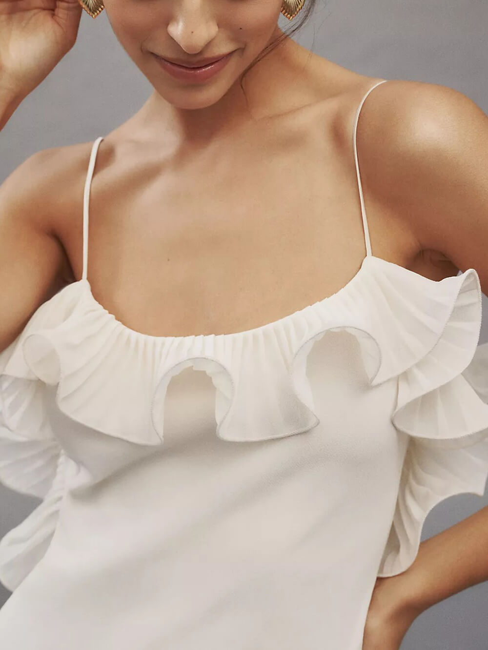 Elegante Geplooide Chiffon Ruffle Trim Spaghetti Strap Maxi Jurk