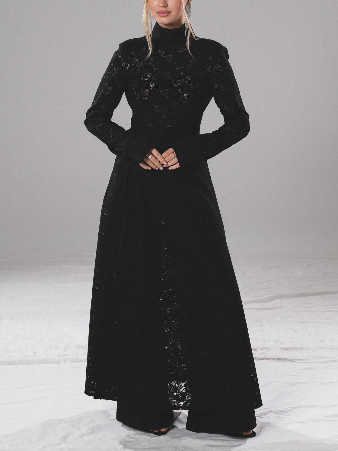 Elegante Hoge Hals Kant Robe & Broek Twee-delige Set