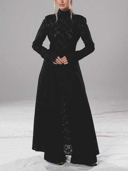 Elegante Hoge Hals Kant Robe & Broek Twee-delige Set