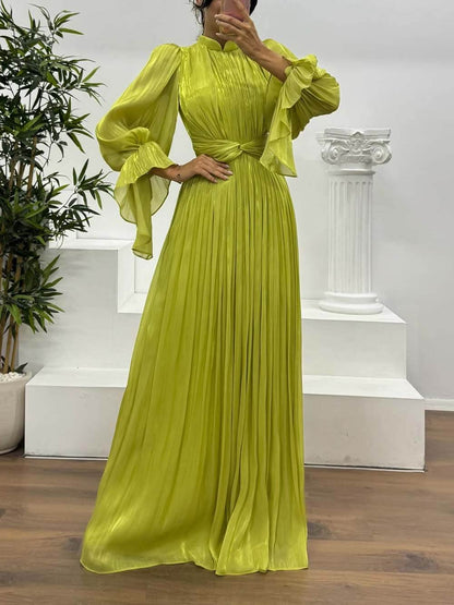 Modieuze Plissé Taille Lange Mouwen Chiffon Avond Maxi Jurk