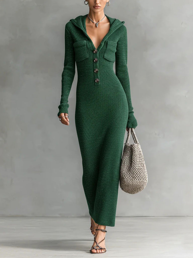 Casual Gebreid Maxi Jurk met Capuchon