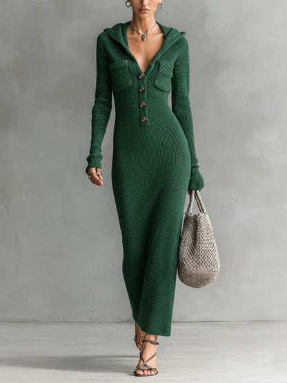 Casual Gebreid Maxi Jurk met Capuchon