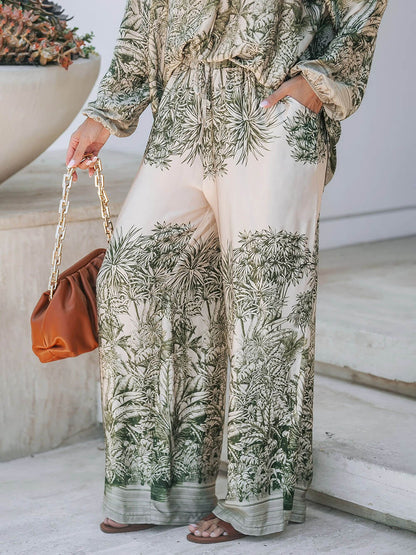 Casual Palm Leaf Print Losse Shirt En Wijde Pantalon Set