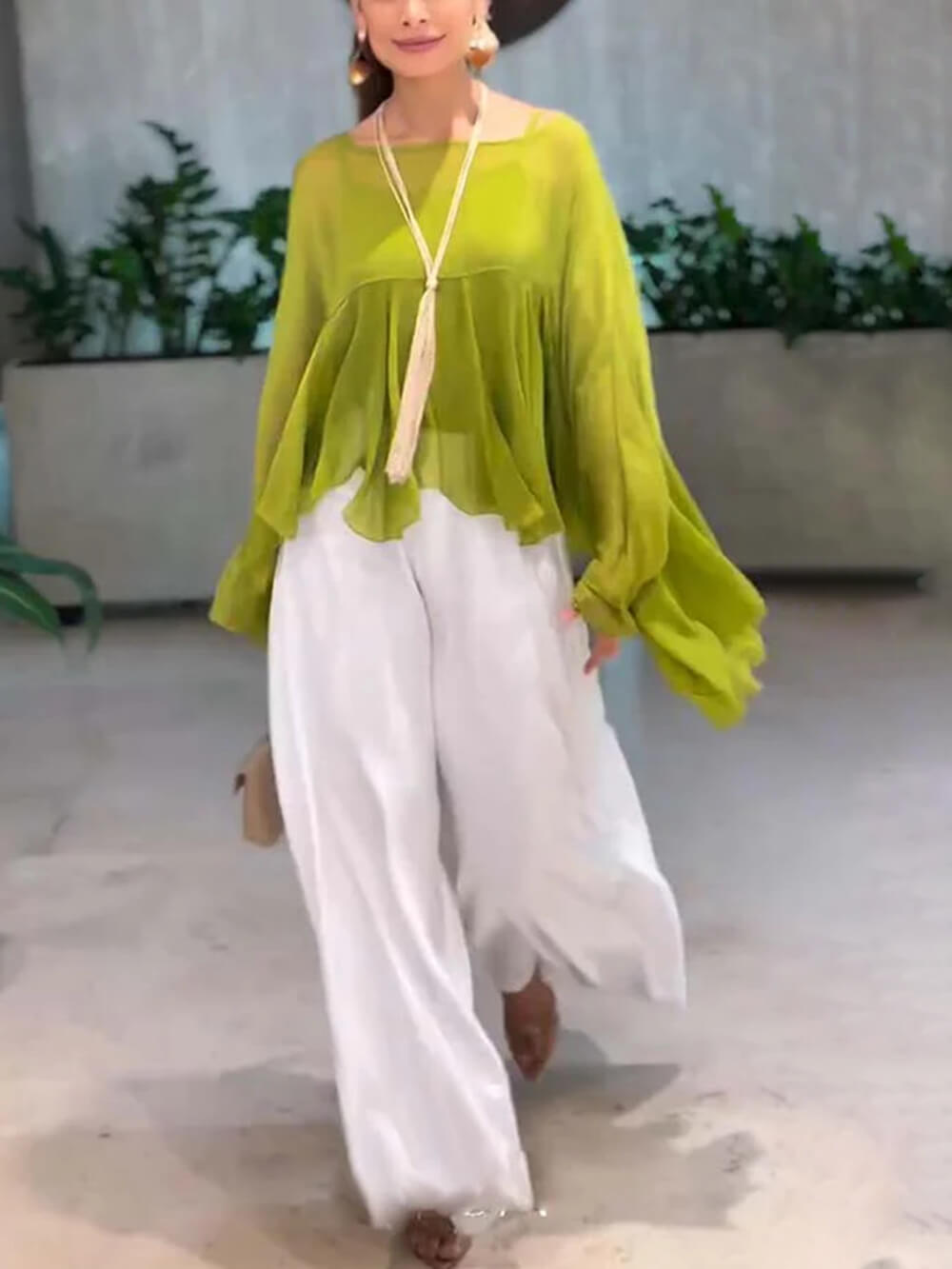 Elegante Romantische Reis Chiffon Ruffle Batwing Mouw Top