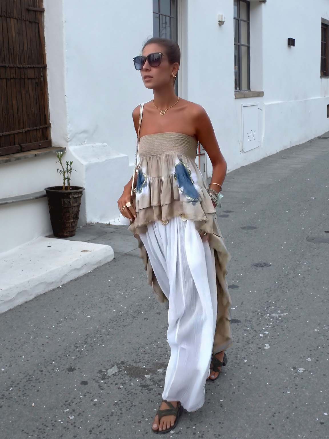 Bohemian Stijl Gelaagd Rimpel Strapless Twee-delig Set