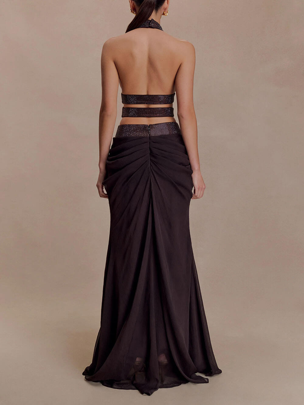 Exquise Pailletten Opengewerkte Top En Satijnen Geplooide Maxi Rok Set