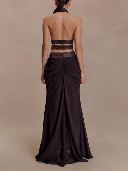 Exquise Pailletten Opengewerkte Top En Satijnen Geplooide Maxi Rok Set