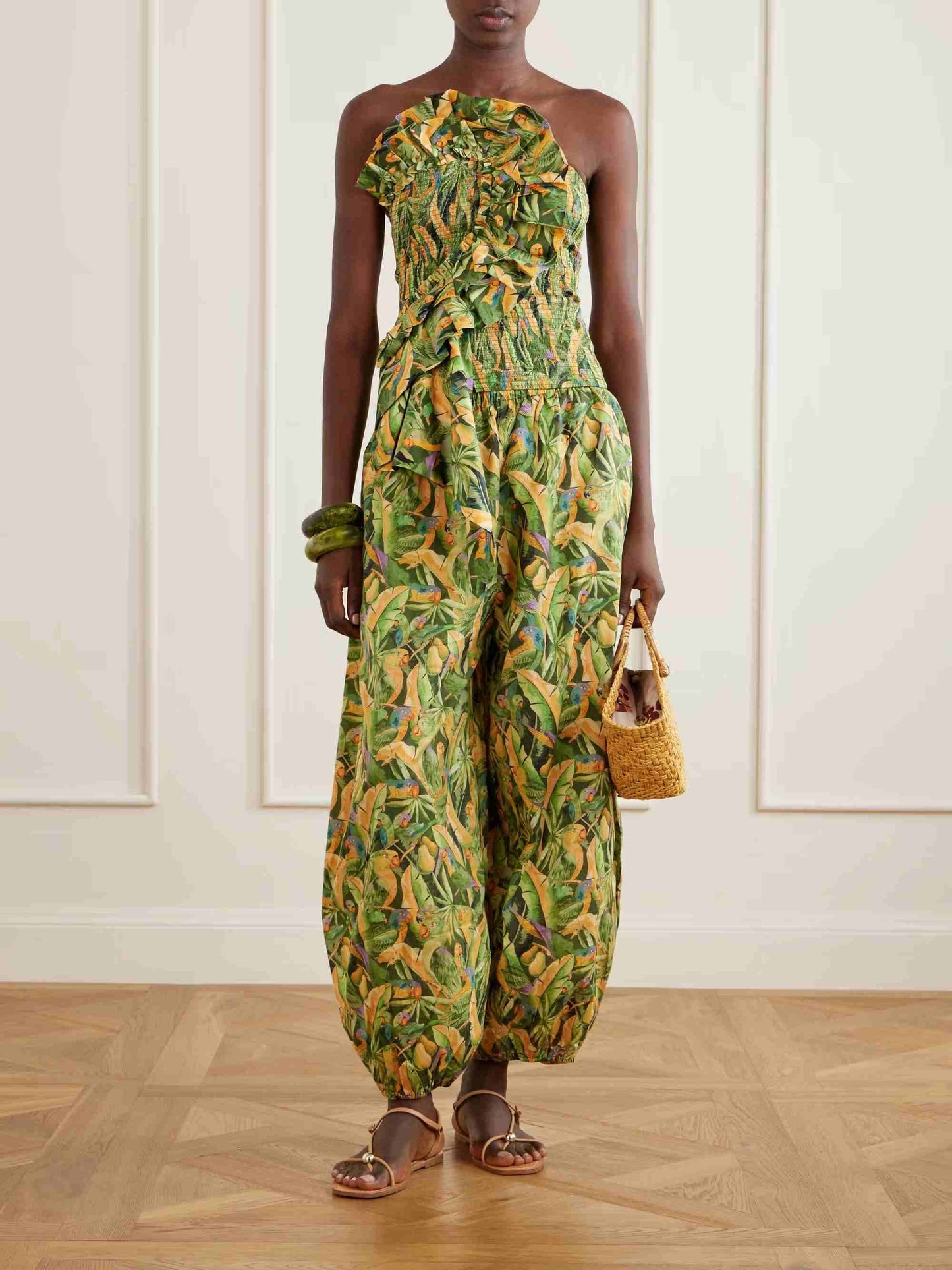 Exquise Tropische Papegaai Print Ruffle Top & Lantaarn Broek Twee-delige Set