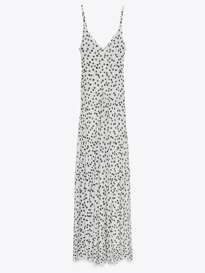 Elegante Polka Dot Print V-Hals Spaghetti Band Flounce Hem Maxi Jurk