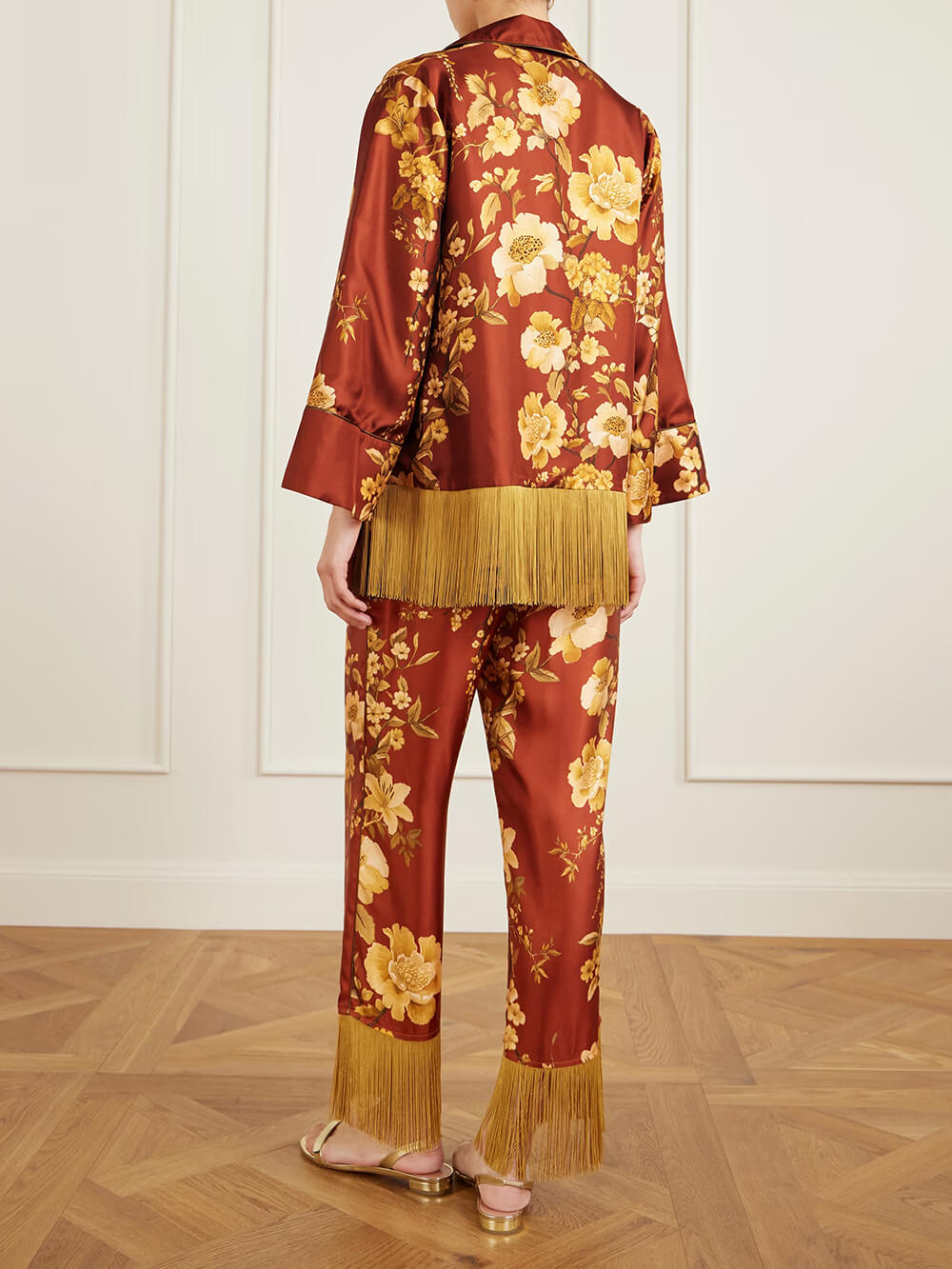 Exquise Franje Bloemenprint Satijnen Shirt en Elastische Taille Wijde Pantalon Set