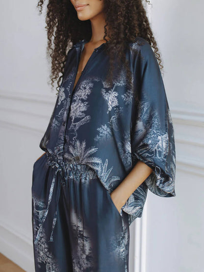 Unieke Marineblauwe Bloemenprint Losse Top met Elastische Taille en Brede Pantalon Set