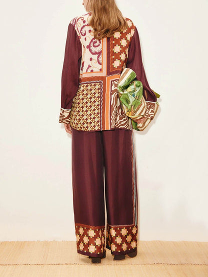 Unieke Paisley Kleur-Block Satijnen Shirt En Elastische Taille Wijde Broek Set