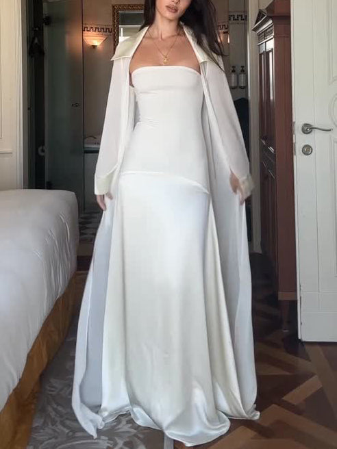 Elegante Satijnen Maxi Jurk & Lange Transparante Chiffon Cover-Up Twee-Delige Set