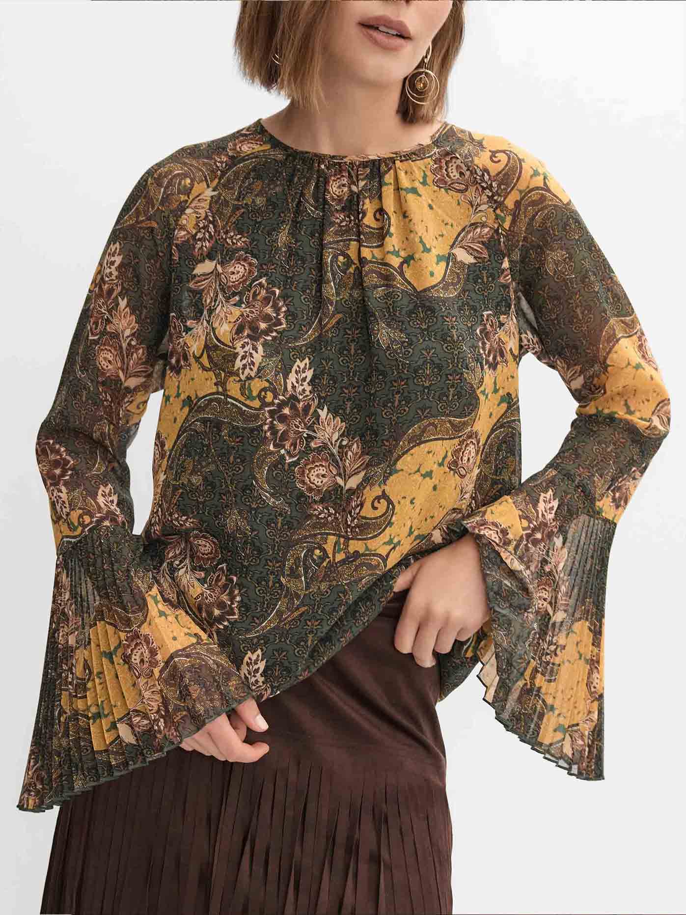 Retro Paisley Print Bell-mouw Shirt Twee-delig Set