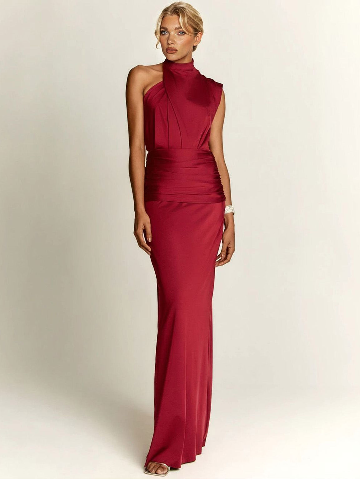 Elegante Asymmetrische Halslijn Geplooide Maxi Jurk