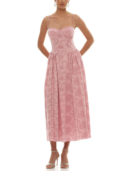 Romantische Geborduurde Sweetheart Hals Spaghetti Band Maxi Jurk